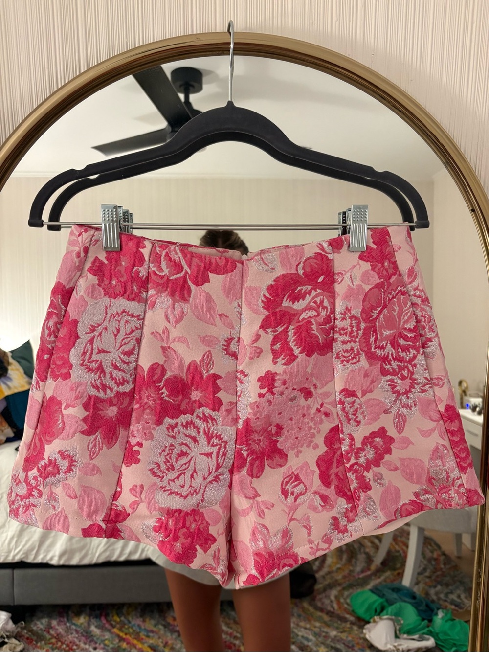 High-Waist Pink Floral Jacquard Skort